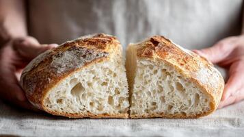 Hands pull apart a freshly baked sourdough loaf showcasing its light crumb and crunchy crust in soft light photo