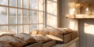 Trays of crusty sourdough bread bask in warm light, bringing a cozy nostalgia to the bakery's interior photo