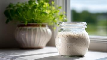 Bubbling sourdough starter rests in sunlight on a windowsill, surrounded by vibrant kitchen herbs photo