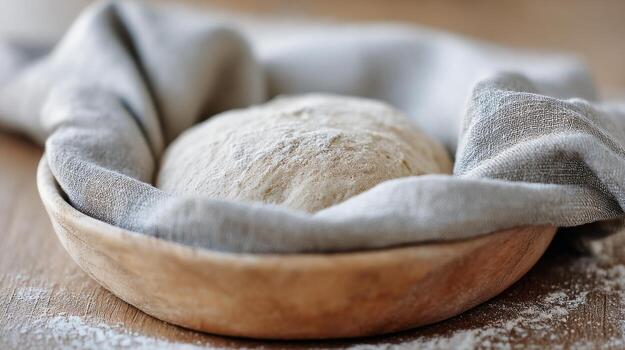 masa fermenta despacio en un banneton envuelto en lino, en un enharinado de madera superficie debajo suave ligero foto