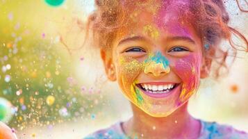 Children are throwing colorful powder and water balloons while celebrating Holi with laughter and joy photo