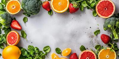 Products containing vitamin C, broccoli, spinach, orange on a gray background, top view with copy space photo