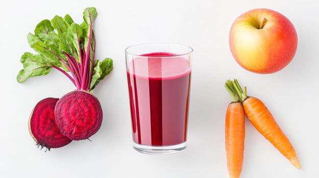 brillantemente arreglado manzana, raíz de remolacha, y Zanahoria elementos escaparate un nutritivo desintoxicación jugo con salud beneficios foto