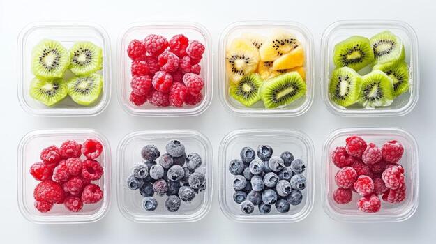 vibrante congelado frutas me gusta fresas, kiwis, y frambuesas son desplegado en claro contenedores foto