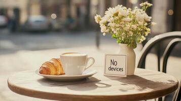 Savoring cappuccino and a fresh croissant at a sunny cafe, no devices, perfect for a digital detox photo
