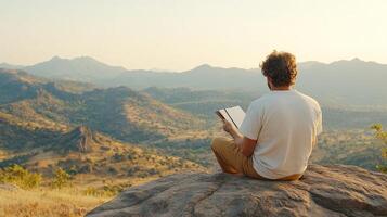 A man sits on a rock, writing in a notebook and enjoying the calm of the mountains under a clear blue sky photo