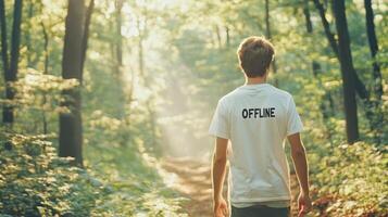 Walking along a serene forest trail, a young man finds tranquility as sunlight streams through the trees photo