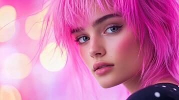 Woman with vibrant pink hair showcases a striking look against contrasting backgrounds with dramatic lighting photo