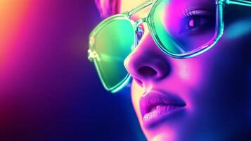 Bright cyberpunk glasses reflect intense neon light, capturing a moment filled with expressive emotion and modern style photo