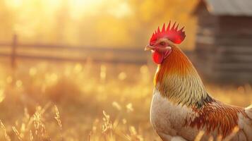 Rooster stands confidently in warm light, showcasing detailed feathers against a blurred rural background photo