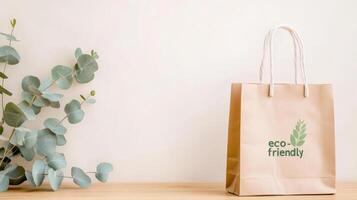 Branded paper bag on a wooden table with eucalyptus, highlighting eco-friendly design, Earth Day concept photo