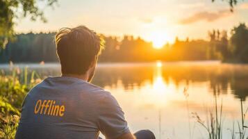 A person relaxes by a quiet lake at sunset, enjoying nature and offline time for stress relief photo