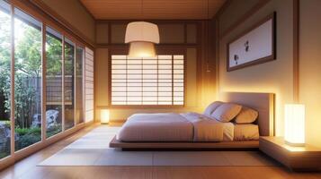 Cozy Japanese style bedroom with a futon on tatami, soft colors, and a serene ambiance perfect for relaxation photo
