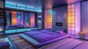 This room showcases a blend of Japanese design and neon aesthetics, creating a tranquil space with atmospheric lighting photo