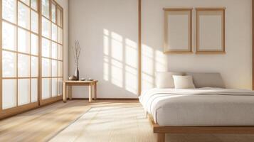 A peaceful Japanese bedroom features a futon, low wooden table with a tea set, and soft, calming light photo