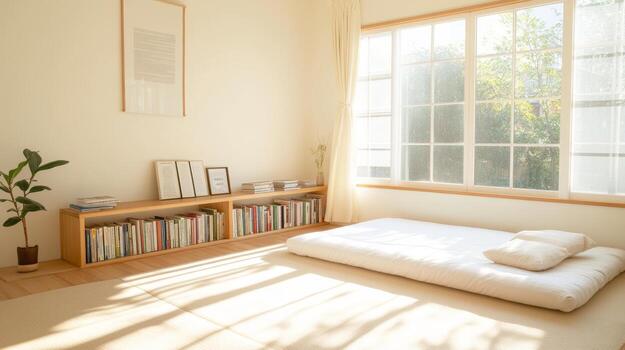 acogedor dormitorio presentando un japonés estilo futón, bajo estante para libros, y calentar luz creando un pacífico atmósfera foto