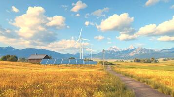 Golden fields stretch under a bright sky as windmills and solar panels symbolize renewable energy harmony photo