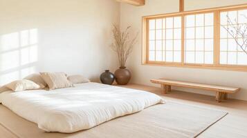 This serene bedroom showcases a Japanese futon on the floor, surrounded by muted textiles and soft daylight photo