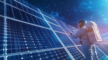 Astronaut inspects a solar panel array, showcasing space exploration powered by clean energy technology photo