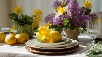 Bright daffodils and lemons adorn a rustic table, embodying a cheerful spring ambiance with local produce photo