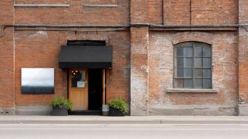 Exterior view of a coffee shop showcasing old red bricks and urban art in natural daylight photo
