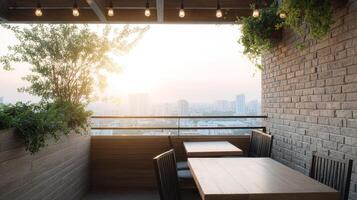 This rooftop cafe features brick walls, soft lighting, and lush plants against a stunning skyline backdrop photo