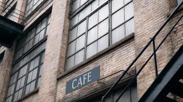 Historic brick building features large windows and modern cafe sign amidst urban graffiti and metal accents photo
