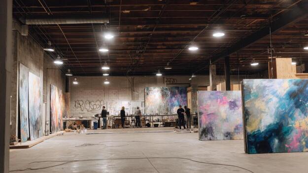 grupo de artistas crear dinámica obras de arte en un transformado fábrica espacio lleno con vibrante energía foto