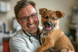 Veterinarian in a white coat holding a puppy in his arms, Veterinarian Day, pet care and vaccination concept photo