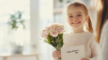 Little girl offers flowers and a Mother's Day card to her mom in a bright, cheerful living space photo
