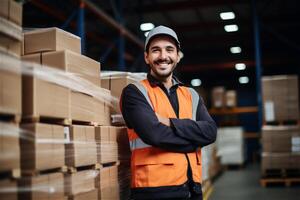 Smiling worker in a white protective helmet in a modern warehouse photo