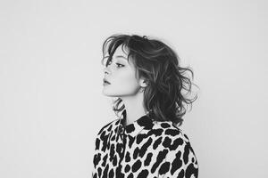 A girl with a stylish cow print jacket stands elegantly against a plain background, highlighting her fashionable look photo