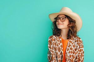 The girl with curly hair smiles in a chic cow print jacket and cowboy boots, basking in the cheerful vibe photo