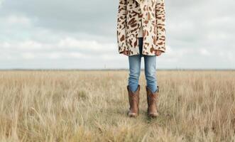 A girl poses confidently in a field, showcasing her cow print jacket and stylish cowboy boots against a cloudy backdrop photo