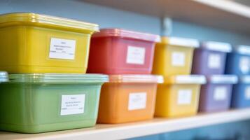 Labeled, reusable food containers arranged neatly on a shelf promote healthy and economical office lunches, budget meals concept photo