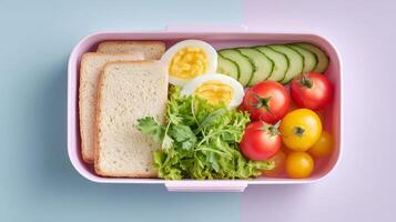 Neatly arranged food in a lunchbox provides a homemade and budget-friendly meal option, packed lunch concept photo
