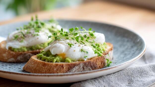 de masa fermentada brindis coronado con cremoso aguacate y perfectamente escalfado huevos, estilizado en natural ligero foto