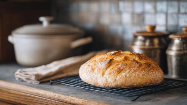 recién horneado de masa fermentada un pan enfría en un estante en medio de rústico cocina herramientas, relleno el espacio con calor foto