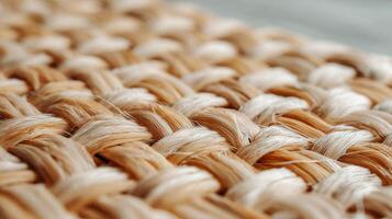 Detailed examination of woven rattan fibers against a warm backdrop enhancing a cozy atmosphere photo