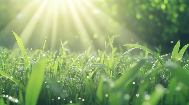 Dom rayos atravesar mediante vegetación mientras niebla reúne terminado un salvaje jardín lleno con gotas de rocío en hojas foto
