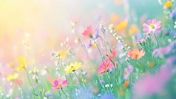Wildflowers bloom freely in a sunny, close-up view of a lush backyard chaos garden photo