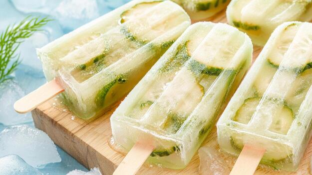 Refreshing popsicles featuring pickled cucumbers and dill served on a wooden board with melting ice droplets photo