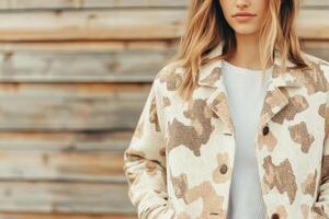 The girl poses confidently in a cow print jacket and cowboy boots while showcasing a trendy, casual style against wood photo