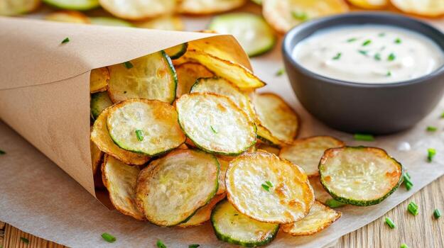 dorado Pepino papas fritas son crujiente y crujiente, emparejado con un delicioso inmersión salsa foto