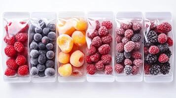 Zip-lock bags of frozen berries and fruit offer healthy snacks for summer desserts and crunchy treats photo