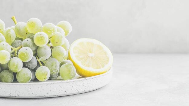 congelado uvas con hielo cristales emparejado con un Fresco limón cuña crear un refrescante y sano bocadillo opción foto