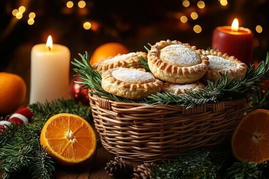 recién horneado desmenuzar pasteles arreglado en un mimbre cesta con naranjas y ramitas de Romero, creando un festivo atmósfera foto