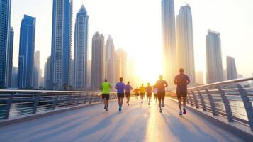 A group of diverse runners kickstarts their day with a lively cardio workout in an urban setting at sunrise photo
