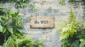 A vintage stone wall displays the words No Wifi, surrounded by vibrant plants, creating a serene escape for relaxation photo