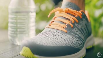 Runner ties shoelaces, surrounded by greenery and a water bottle, ready to embrace an active lifestyle photo